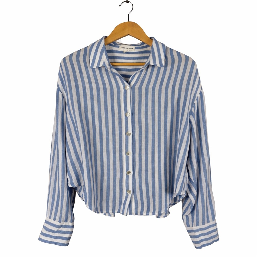 Cloth & Stone Button Down Blouse Women Size Large Striped Coastal Preppy Linen